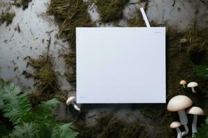 A white card, a postcard stands in the forest with mushrooms. AI generated photo