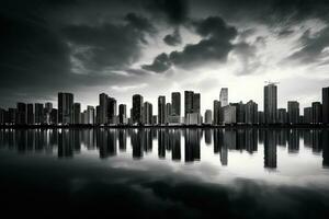 Landscape of a modern city with high-rise buildings along the coast, black and white photo. AI generated photo