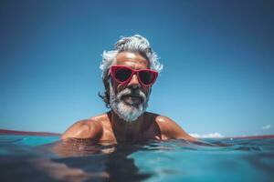 An aged man in sunglasses swims in the pool. AI-Generated photo