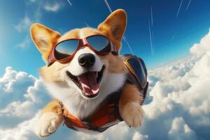 A corgi dog jumps with a parachute. AI generated photo