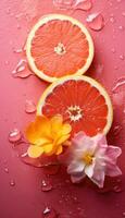 Juicy orange circles with pink flowers photo