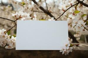 A mock-up of a white card with white spring flowers on a blooming tree.. AI Generated photo