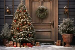 A Christmas wreath is hanging on the front door. AI Generated photo