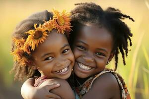 Two African girls hug and laugh. AI-Generated photo