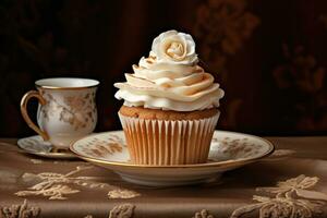 Vanilla cupcake with cream and chocolate chips. AI generated photo