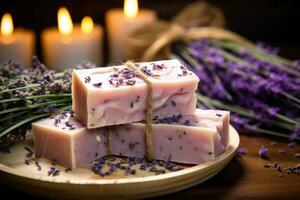 orgánico jabón con lavanda hecho a mano a hogar. ai generado foto