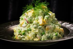 Olivier salad with peas and dill. AI Generated photo