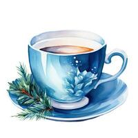 Watercolor Christmas illustration with blue cup and winter hot drinks photo