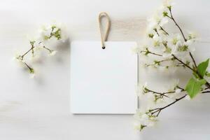 Layout of a white card with white flowers. AI generated photo