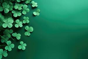 Shamrocks on a green background celebrate St. Patrick's Day. space for text. AI generated photo