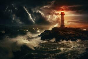 Lighthouse at night in a stormy sea with clouds and waves. AI-Generated photo