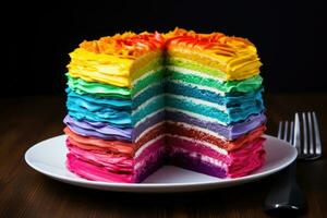 Cake with rainbow layers in the section. AI Generated photo