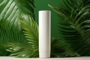 A mock-up white tube for cream on the background of palm leaves. AI generated photo