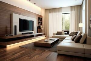 minimalista estilo interior diseño de moderno vivo habitación con televisor. ai generado foto