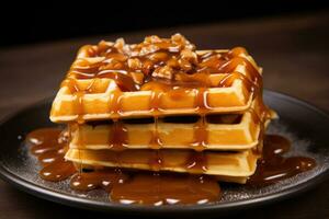 Viennese waffles with caramel syrup and nuts. AI Generated photo