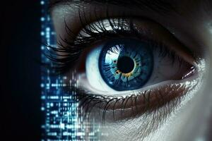 Female cyber eye. Futuristic bionic technology. Generative AI photo