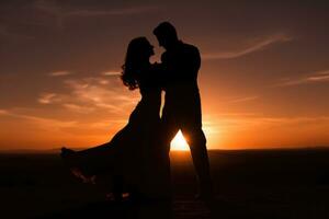 Silhouette of dancing couple at sunset. Generative AI photo