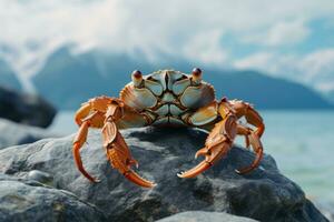 Crab on stone against sea background. Generative AI photo