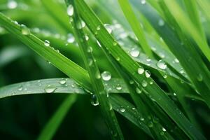 Fresh Dew Drops on Lush Green Blade of Grass AI Generative photo