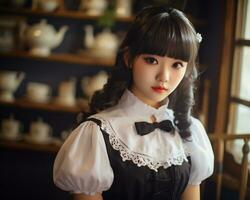 Cute asian young girl dressed in lolita maid dress AI Generative photo