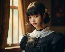 Cute asian young girl dressed in lolita maid dress AI Generative photo