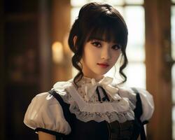 Cute asian young girl dressed in lolita maid dress AI Generative photo