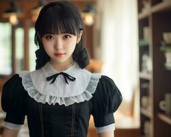 Cute asian young girl dressed in lolita maid dress AI Generative photo