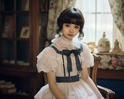 Cute asian young girl dressed in lolita maid dress AI Generative photo