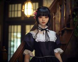 Cute asian young girl dressed in lolita maid dress AI Generative photo