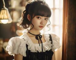 Cute asian young girl dressed in lolita maid dress AI Generative photo