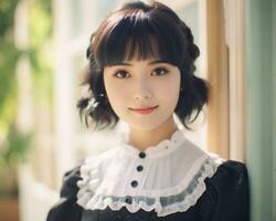 Cute asian young girl dressed in lolita maid dress AI Generative photo