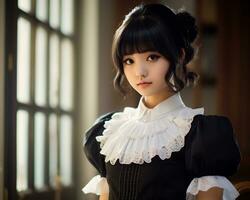 Cute asian young girl dressed in lolita maid dress AI Generative photo