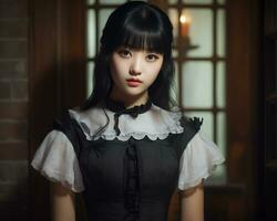 Cute asian young girl dressed in lolita maid dress AI Generative photo