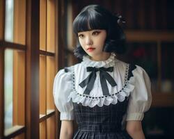 Cute asian young girl dressed in lolita maid dress AI Generative photo