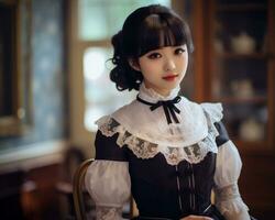 Cute asian young girl dressed in lolita maid dress AI Generative photo