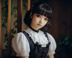 Cute asian young girl dressed in lolita maid dress AI Generative photo