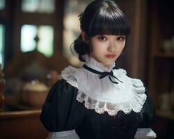 Cute asian young girl dressed in lolita maid dress AI Generative photo