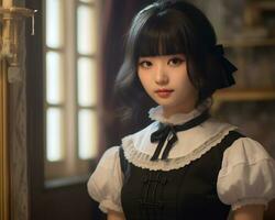 Cute asian young girl dressed in lolita maid dress AI Generative photo