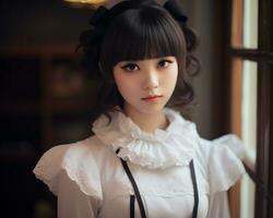 Cute asian young girl dressed in lolita maid dress AI Generative photo