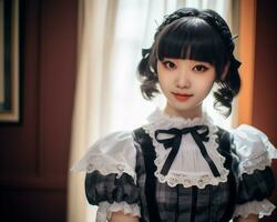 Cute asian young girl dressed in lolita maid dress AI Generative photo