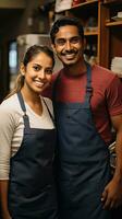 man and woman stand in aprons in front of door photo