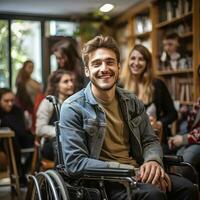 joven hombre en un silla de ruedas rodeado por amigos en el biblioteca foto