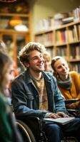 young man in a wheelchair surrounded by friends in the library photo