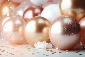 white, gold, and silver balloons floating on a pink background photo