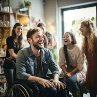 young man in a wheelchair surrounded by friends in the library photo