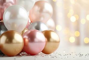 rosado plata y oro globos en un ligero antecedentes foto