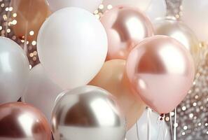 white, gold, and silver balloons floating on a pink background photo