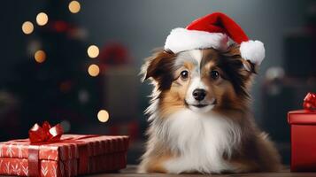 cute dog in santas hat with gift box photo