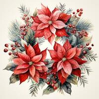 watercolor poinsettia christmas wreath flower isolated photo