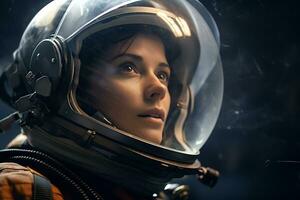 a Beautiful woman in a space suit looking out to the spaceship window AI Generative photo